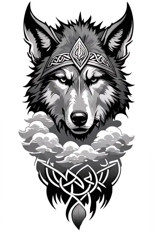 viking warrior,clouds, wolf, Celtic design incorporating elements tattoo design idea