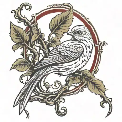 nightingale on a red background in an arch entwined with vines tattoo design idea