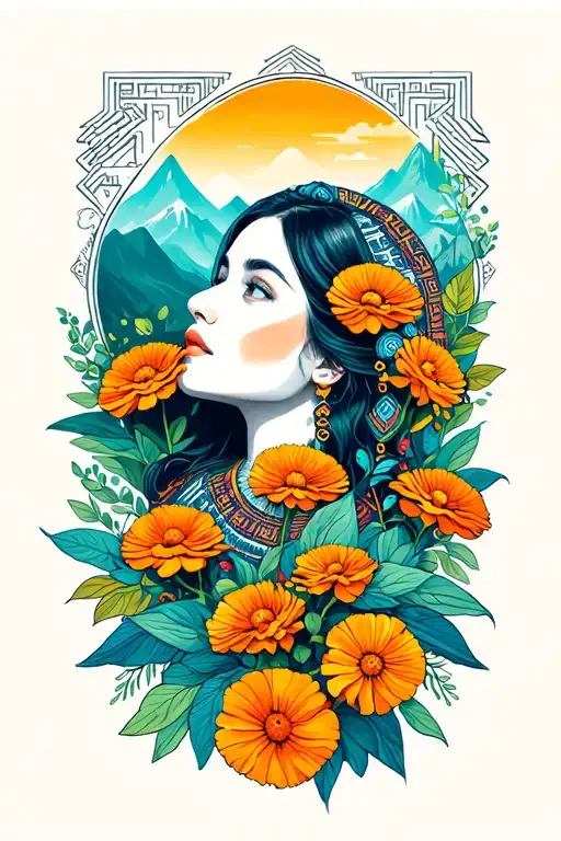 beautiful   girl looking up with marigold flowers and aztec symbols and mountains background  tattoo design idea