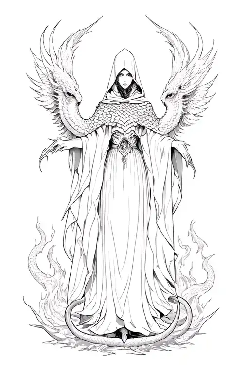  "A fantasy tattoo of a mysterious cloaked woman with dragon scales, surrounded by phoenix fire and serpents, high contr tattoo design idea
