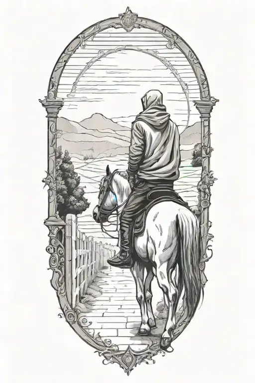 a hooded figure on a horse standing alone in from of an opened gate looking away down a long path  tattoo design idea