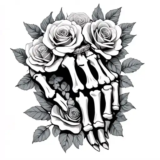 Skeleton Hand with wedding ring on finger and roses tattoo design idea