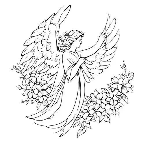 biblically accurate angel with flowing flowers tattoo design idea