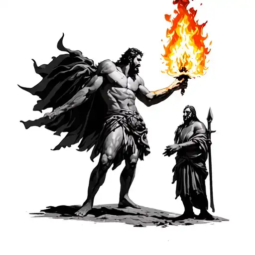 Prometheus holding fire giving to a Viking man tattoo design idea