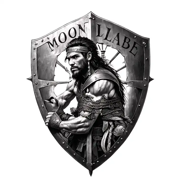 black and white color, battle ready spartin warrior holding old battle shield inscribed with MOLON LABE tattoo design idea