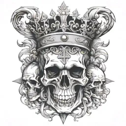 cross, crowns,Greek busts and skulls tattoo design idea