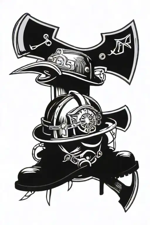 Fireman’s helmet on top of an fireman’s axe and halligan tool in fireman’s boots tattoo design idea