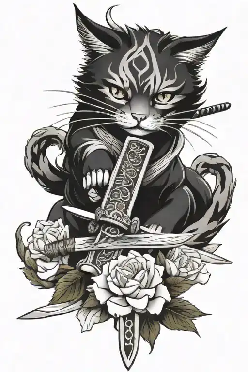 cat samurai sword flowers tattoo tattoo design idea