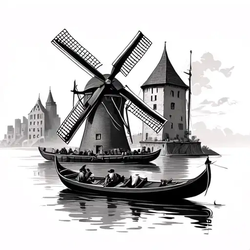 dutch windmill and italian gondola tattoo design idea