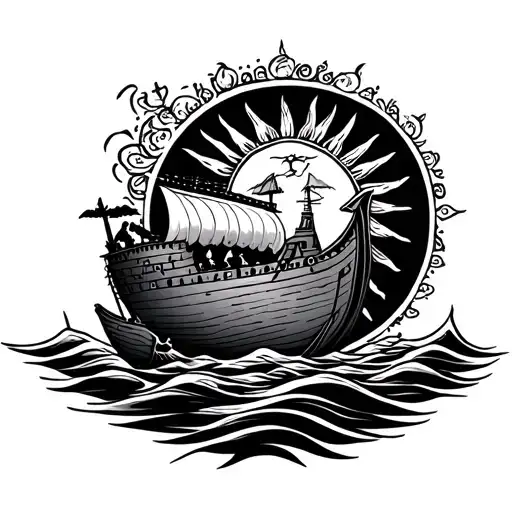 Noahs ark , sun and God surrounded tattoo design idea
