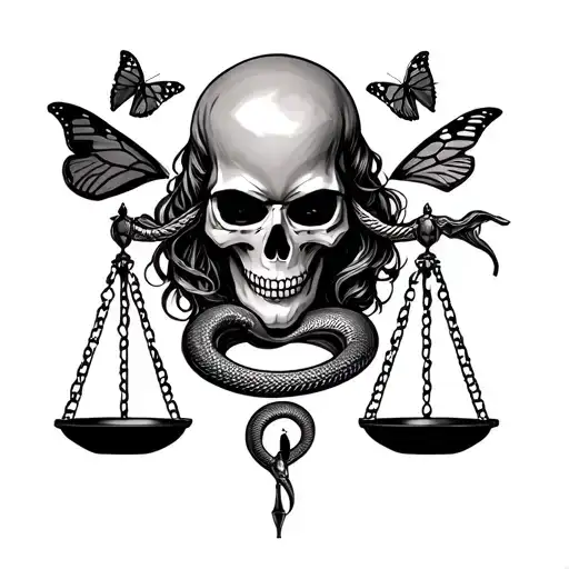 Lady Justice but skull face (large mask) and a butterfly and snake below it with the justice scale tattoo design idea