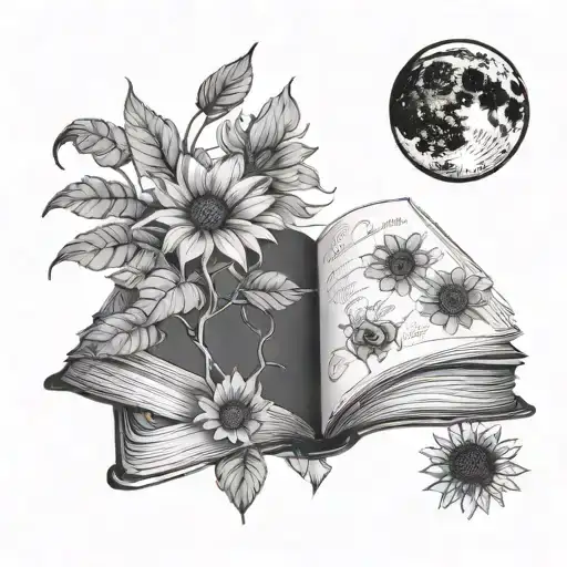 A black and white image, fine line, of an open book and from its pages emerge the moon, a sunflower, a laptop tattoo design idea