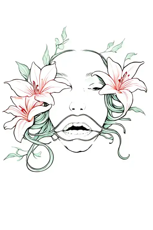 medusa tattoo with mouth covered and lilly flowers tattoo design idea