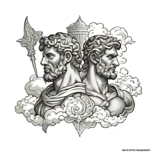 Hercules and Hermes' with Greek pillars and clouds tattoo design idea