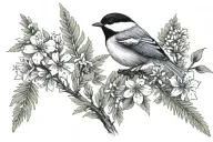 chickadee cosmos ferns tattoo design idea