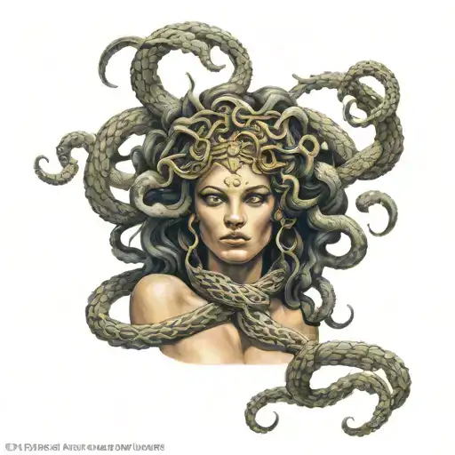 Medusa fighting back with a crown on her head and bandaids on her arms tattoo design idea