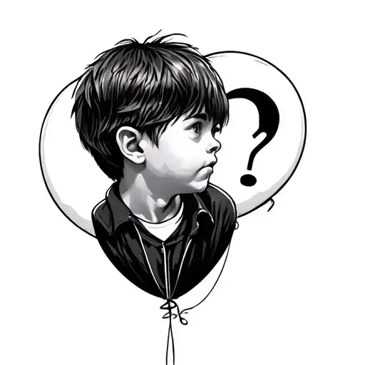 Make a tattoo of a boy with a balloon in the form of a question mark. tattoo design idea