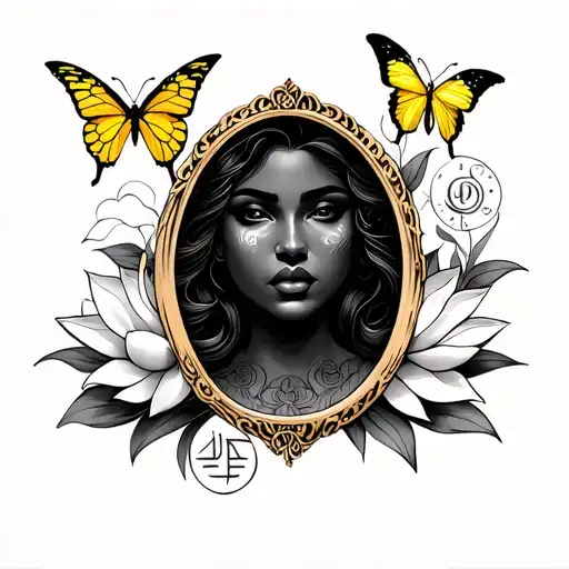 tattoo with a black woman's face, a mirror, an Ofá, with a lotus flower, a yellow butterfly and the symbol of Gemini tattoo design idea