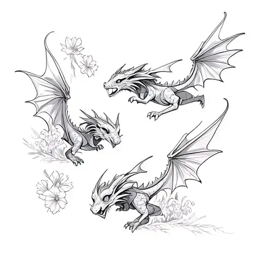three tiny separate dragons flying in different directions with flowers growing  tattoo design idea