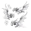 three tiny separate dragons flying in different directions with flowers growing  tattoo design idea
