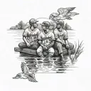 on the forearm, three brothers in baseball jerseys, arms around eachother sitting in a lake looking out  tattoo design idea