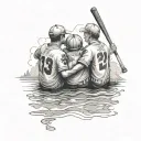 on the forearm, three brothers in baseball jerseys, arms around eachother sitting in a lake looking out  tattoo design idea