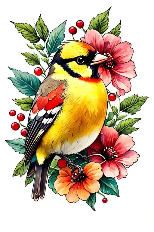 Goldfinch with flowers and berries wrapped loosely tattoo design idea
