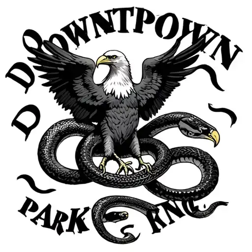 "DOWNTOWN PARKING" Mexican Eagle and Snake coiled tattoo design idea