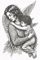 an woman angel wraps his wings around a little boy tattoo design idea
