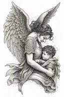 an woman angel wraps his wings around a little boy tattoo design idea