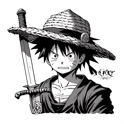 luffy straw hat with dragon ball with ichigo sword and naruto headband tattoo design idea