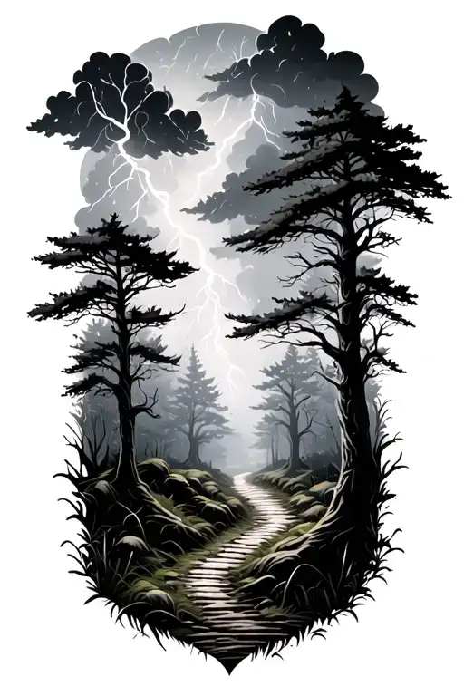 branching forest path with mist and thunder storm clouds tattoo design idea