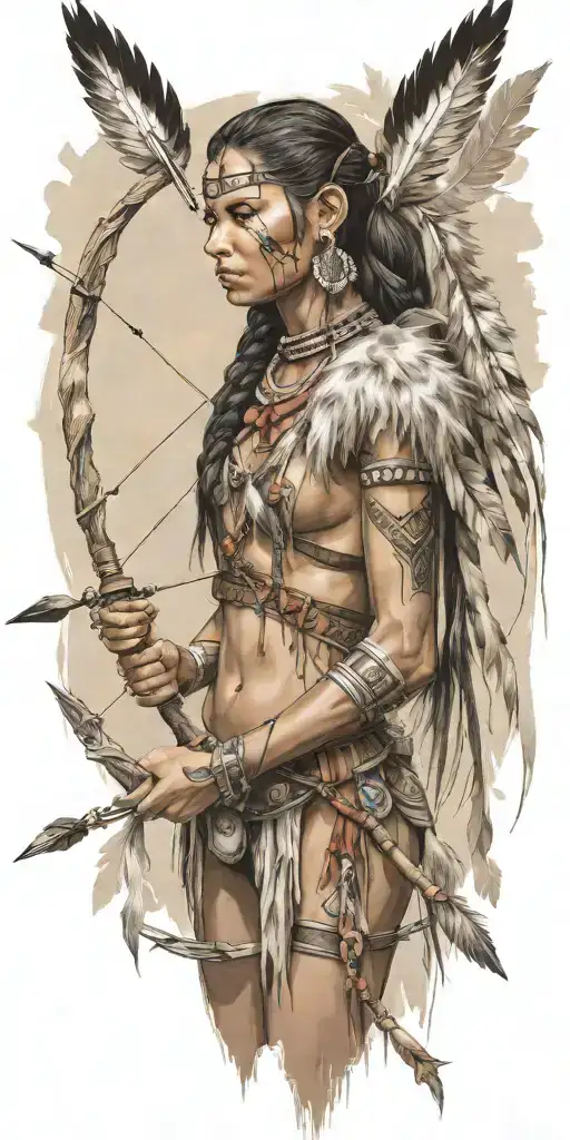 young adorable cherokee woman full body with bow and arrow tattoo design idea