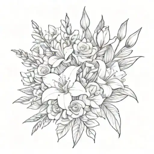 violet, gladiolus, and Sakura in a bouquet fine line wrapped tattoo design idea