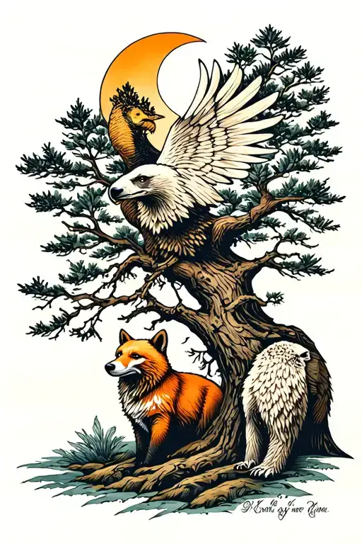 tree with a bear fox eagle in it and a  moon tattoo design idea