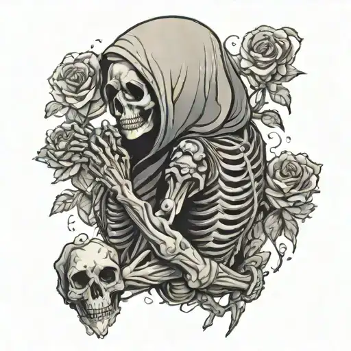 Dark Romance hooded skeleton with woman holding each other tattoo design idea