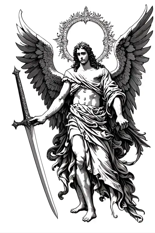 Arch Angel Gabriel with sword in hand holding tattoo design idea