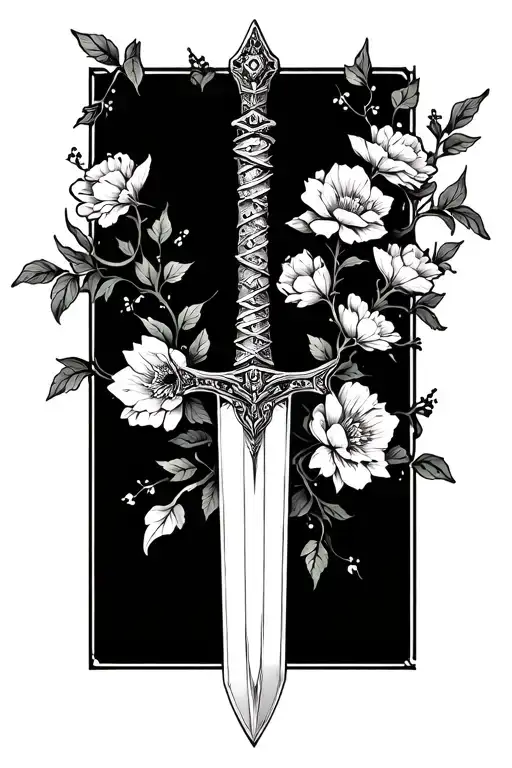 sword with flowers and vines wrapping around tattoo design idea