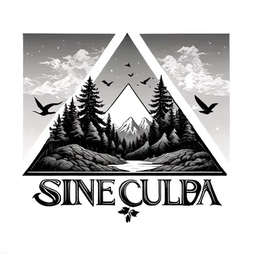 SINE CULPA. place the inscription and add a tattoo in the form of a triangle in which there is a forest, mountains, birds. Triangle to the bottom of the top tattoo design idea