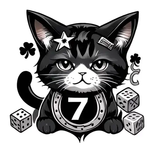 Design centered around Manenki Neko, with the number 7, a barn star, 4 leaf clover, lucky dice, a horseshoe in the backg tattoo design idea
