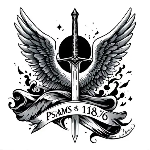 "Psalms 118:6" angel wings with sword tattoo design idea