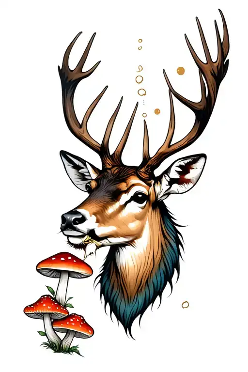 mystical deer head eating mushrooms tattoo design idea