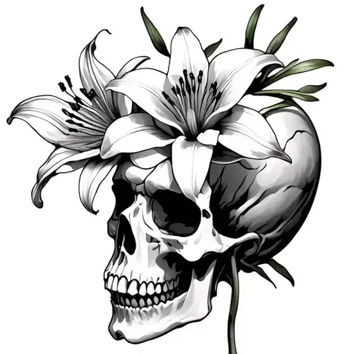 spider lilies blooming from skull tattoo design idea