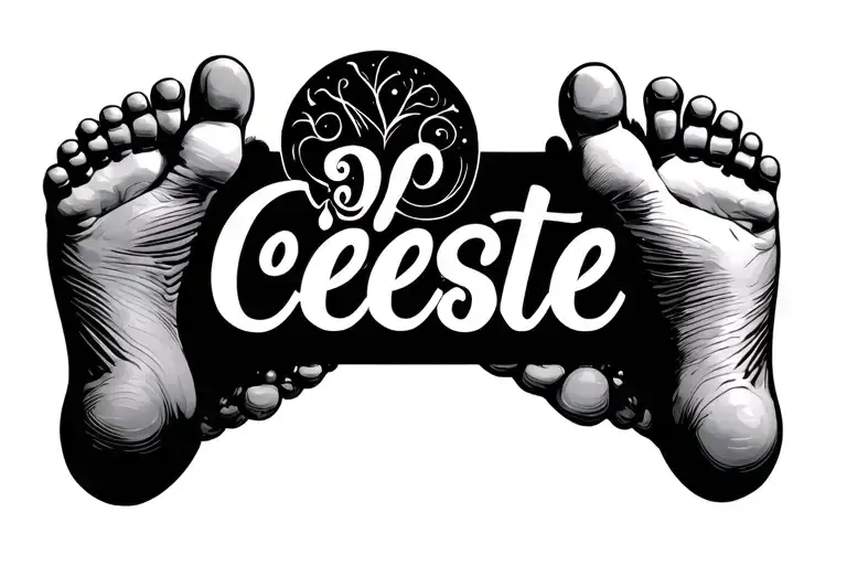 write "Celeste" with two feet born baby girl holding tattoo design idea