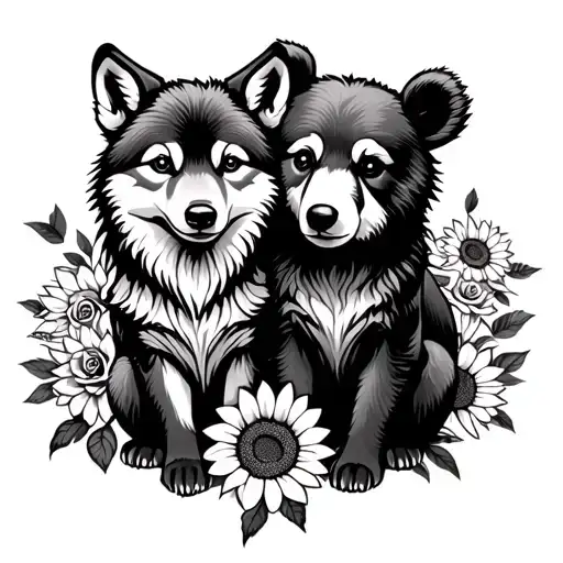 baby wolf and baby bear sitting with sunflowers and roses  tattoo design idea