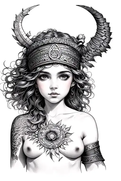 Semi -naked girl Sagittarius with a kokoshnik on the head whose hair closes her chest tattoo design idea