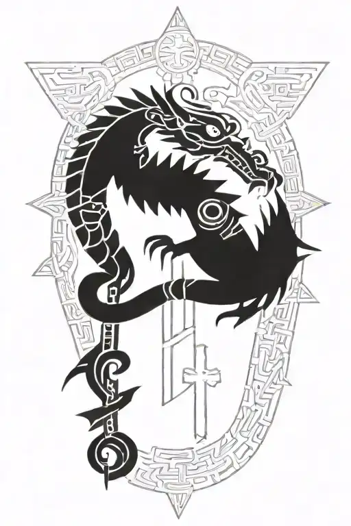 Aztec dragon wrapping around a cross made tattoo design idea