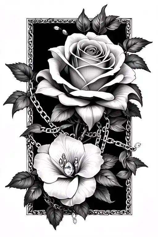 rose and lily intertwined with chain draping jewels tattoo design idea