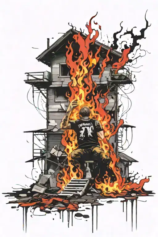 A house is on fire and a man kneeling helplessly with both arms raised above his head as he watches the house burn.    tattoo design idea