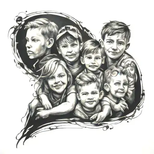 A portrait-style tattoo of the client's 11 grandkids, each depicted in a unique and artistic way to capture their individual personalities tattoo design idea